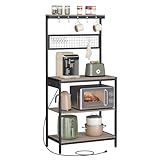 VASAGLE Bakers Rack with Charging Station, 80 cm Coffee Bar with Adjustable Storage Shelf, Microwave Stand, Grid Panel, 12 Hooks, for Kitchen, Heather Greige and Ink Black UKKS016K02