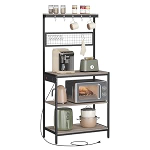 VASAGLE Bakers Rack with Charging Station, 31.5 Inches Coffee Bar Stand with Adjustable Storage Shelf, Grid Panel, 12 Hooks, Table for Microwave, Kitchen, Heather Greige and Ink Black UKKS016K02