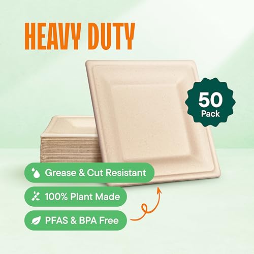100% Compostable Square Paper Plates [50-Pack] - {PFAS-Free} - {BPI Certified} - [8 Inch] Heavy Duty, Eco-Friendly, Biodegradable Bagasse Dinner Plates - Natural Brown 8" Square Plate by Stack Man - Thumbnail 2