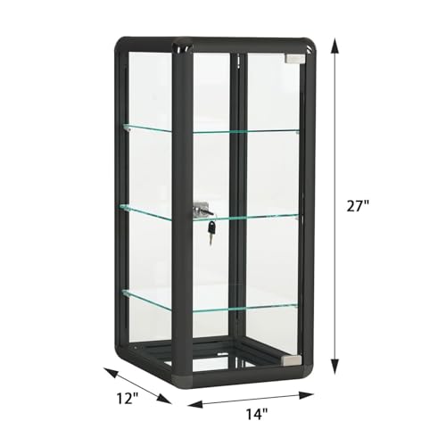 14\" W x 27\" H x 12\" D Black Aluminum Frame Tempered Glass Countertop Display Case - Durable and Clear Tabletop Display case for Retail, Home and Office use