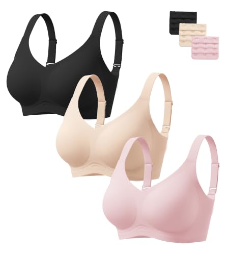 GXOULRRA 3 Pack Jelly Wireless Bras for Women No Underwire Seamless Supportive Comfort Bralette Full Coverage T Shirt Bra, BKNDPK, M