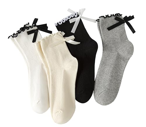 Image of Womens Bow Socks Ruffle Casual Crew Black Whitte Soft Breathable Cotton 4 Pairs Socks