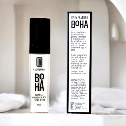 Greyfeather BOHA Hyaluronic Acid Serum for Face – Botanical Hydration with Vitamin C & E – Anti-Aging Facial Serum for Fine Lines, Wrinkles, Dry Skin – Vegan & Fragrance-Free, 1.7oz