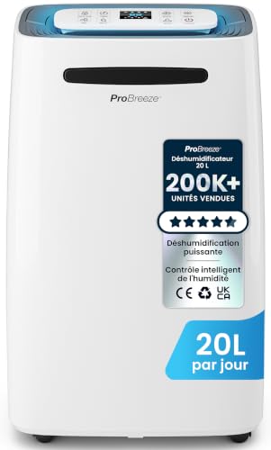 Pro Breeze Déshumidificateur d Air 20L/jour - Sèche-linge, Drainage continu, Minuterie 24h, Grand Réservoir 5,5L - Absorbeur d'Humidité Automatiqu, Éliminateur de Moisissure -pièces jusqu'à 53 m²
