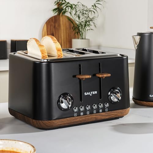 Salter EK5823BLK Toronto 4-Slice Toaster – Wide Slots, 6 Browning Levels, Removable Crumb Tray, Defrost, Reheat, Cancel, Self-Centring Function, High-Lift Eject, 1630 W, Wood Effect/Black, Plastic