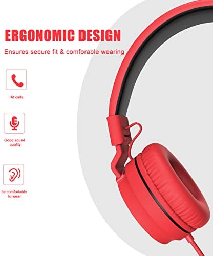 Rockpapa Kids Headphones, 952 Childrens Headphones, Wired Headphones with Microphone, Foldable, Stereo Sound, 3.5mm Jack On-Ear Headphones for School/Travel/Phone/Kindle/PC/MP3 (Red)