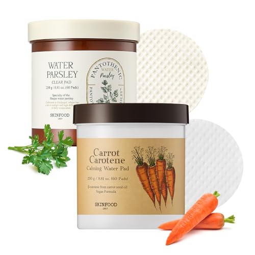 SKINFOOD Carrot Carotene Calming and Pantotenic Parsley Clear Toner, Exfoliating, Hydrating, Soothing, Moisturizing for Sensitive Skin, Carrot Pad(60pads)&Water Parsley Pad(60pads)