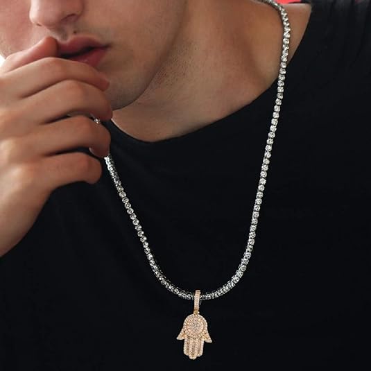 14K Gold Plated Micro Full Iced CZ Out Hamsa Hands Pendant with 24" Franco Chain Necklaces For Men Women Hip Hop Zircon Hamsa Necklace3