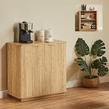 31.5" Fluted Sideboard Buffet Cabinet with Storage, Mid-Century Modern Fluted Credenza with 2 Doors and Adjustable Shelves, Curved Coffee Bar Console Table for Kitchen Living Room Oak