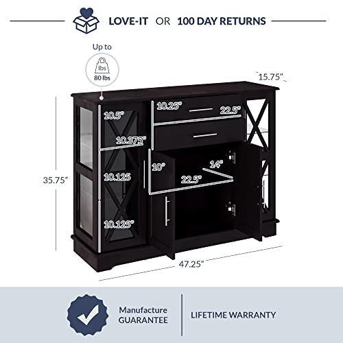 Belleze Sideboard Buffet Cabinet, 47 Inch Storage Cabinet Console Table Coffee Bar Cabinet Kitchen Cupboard Pantry Cabinet Glass Display Cabinet For Lving Room Entryway Dining Room,Espresso #TOP1