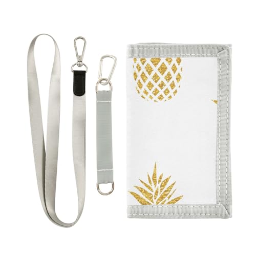 OTVEE Summer Gold Color Pineapple Fruits Trifold Wallet Fabric Wallet Small Nylon Wallet Card Wallet with Lanyard