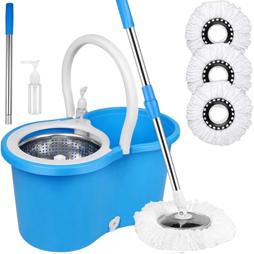 Juego de fregona giratoria y cubo, fregona giratoria de 360° y cubo con juego de escurridor y 3 recambios de fregona de microfibra y mango extendido de 61 pulgadas, cubo giratorio para limpieza de