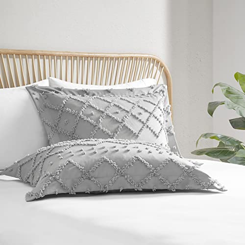 Codi Twyla Tufted Boho Duvet Cover Full/Queen Size, Grey Microfiber Bedding Set For All Seasons, Embroidery Shabby Chic Comforter Covers With Zipper, 3-Pieces Including Matching Pillow Shams(90"X 90") #TOP6