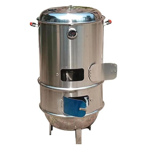 WPWSDWMX Ahumadores Verticales, Parrilla de Carbón de Acero Inoxidable con Termómetro, Parrilla de Exterior sin Humo de 360° para Viajes
