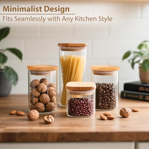 TBWIND 6 Pack Square Glass Storage Containers with Bamboo Lids (24oz/37oz/51oz) – Clear Food Airtight Canisters Sets for The Kitchen, Glass Jars for Coffee Beans, Coffee, Flour, Snacks, Spices — view 2