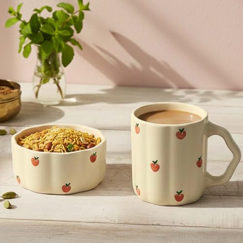 Image of The Earth Store Cream Apple 250ML Ceramic Bowl Set of 2 & 300ML Coffee Mug Set of 2 | Microwave & Dishwasher Safe Mug and Bowl Combo Set for Serving Tea Snack | Perfect for Gifting & Daily Use