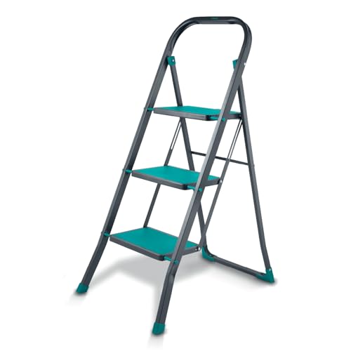 Tower 3 Tread Step Ladder, Folding Steel Frame With Non-Slip Steps & Feet, Compact & Lightweight Design, 150Kg Max Capacity, Anthracite & Teal, T780001TL