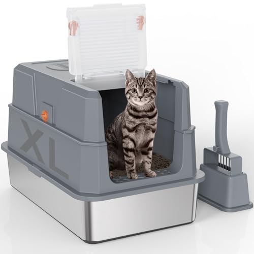 SZEE XL Edelsthal Katzenklo mit 180° Klappdeckel, Große Geschlossene Katzentoilette Edelstahl mit Deckel, Stainless Steel Cat Litter Box with...