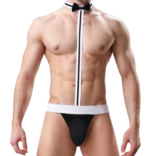 JUGCUT Men's Sexy Bow Tie Bodysuit Thong Waiter Cosplay Costume, Mankini Beach Swimwear White Jockstrap Beach Swimwear Outfit Suspender Leotard Jumpsuit for Halloween Carnival Party