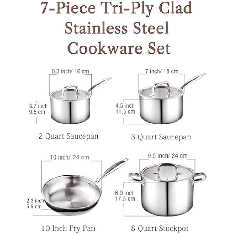 Cook N Home 7-Piece Tri-Ply Clad Stainless Steel Cookware Set, Pots and Pans Kitchen Set with Tempered Glass Lids, Induction-Ready, Dishwasher-Safe, Silver