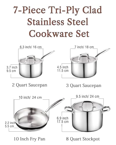 Image of Cook N Home 02644 7-Piece Tri-Ply Clad Stainless Steel Cookware Set, Silver