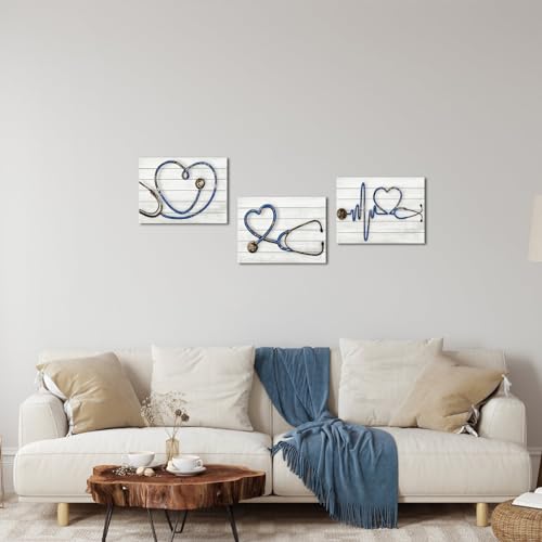 Biuteawal 3 Panels Medical Wall Art Stethoscope Paintings Echometer Instrument Picture Clinic Decor Grey Blue Canvas Print Nurse Day Gift Home Office Decoration Framed Ready to Hang by Biuteawal - Used condition - Image 2