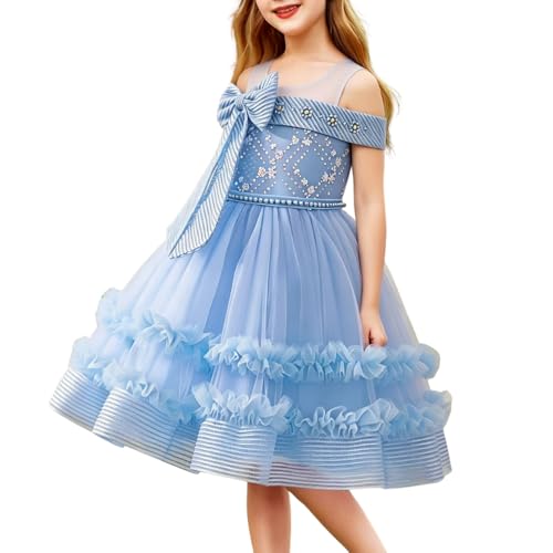 Flower Girl Dress Toddler Cold Shoulder Sparkly Glitters Tulle Tutu Party Princess Dresses Wedding Pageant Birthday Ball Gown Blue 5-6Y