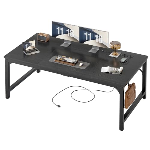 TIQLAB 63 x 30 Inch Extra-Deep Computer Desk with Power Outlets, Heavy-Duty Office Desk, Wide Gaming & Work Desk for Home Office, Black