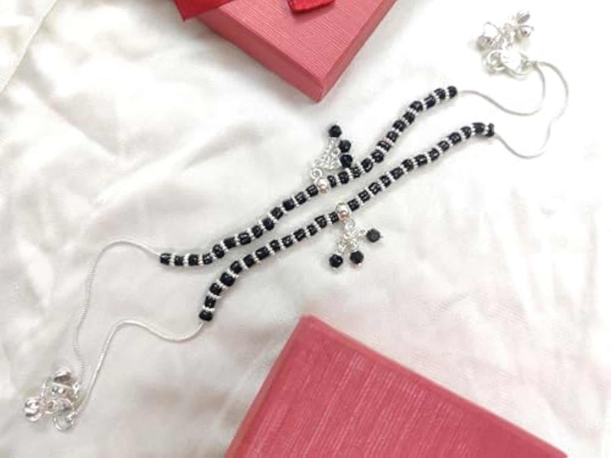 Women's Black Beaded Nazariya Anklet Pair with Silver-Plated Chain