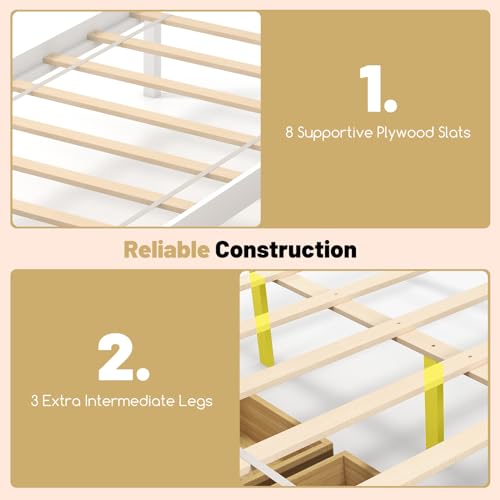 GOFLAME Full Size Bed Frame with 2 Drawers, Platform Bed with Solid Wood Headboard & Footboard, Wood Slats Support Mattress Foundation, Under Bed Storage, No Box Spring Needed, Easy Assembly, White - Thumbnail 6
