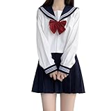 [GSYCL] セーラー服 紺色 赤蝶結ぶ 長袖 半袖 女子高生 高校生 学校 3点セット コスプレ JK プリーツスカート 女子制服 正統派 三本 学园歳 卒業式 歓送迎会 大きいサイズ レディース 可愛い (長袖セット, L)