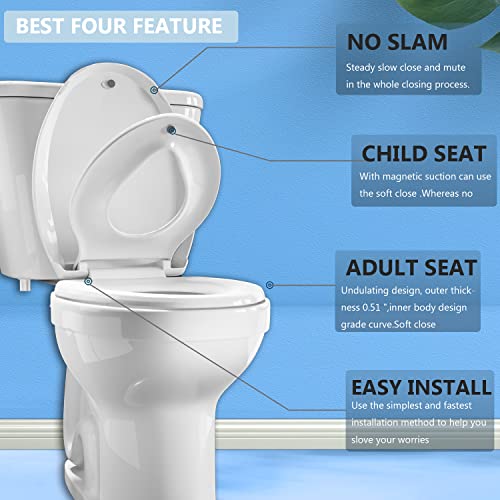 Elongated Toilet Seat Adult/Child,Built-In Potty Training Seat, Soft Quiet Close Non-Slip Seat, Easy To Install & Clean,Magnetic Kids Seat And Cover For Elongated Oval Toilets,White #TOP1