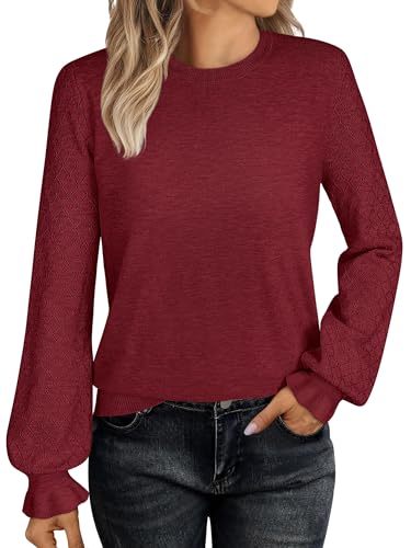 ANRABESS Sweaters for Women Lace Long Sleeve Tops 2025 Fall Dressy Casual Business Knitted Pullover Shirts Puff Cuffs Outfits