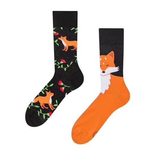 Dedoles Socken Unisex Damen Herren & Kinder Baumwolle viele lustige Designs 1 Paar Geschenk links rechts verschieden, Farbe Schwarz, Motiv Fuchs und Blüten, Gr. 35-38