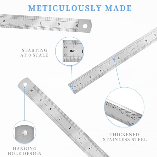 image for CHAYUFUN 3 Pack Stainless Steel Ruler Set, 6, 8, 12 Inch Metal Rulers,