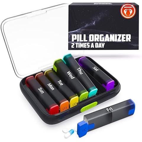 BEXEEN Weekly Pill Organizer 2 Times a Day - Pill Box 7 Day Am Pm - Travel Medicine Organizer Twice Daily Vitamin Holder Portable Supplement Case Week Morning Night Med Dispenser Detachable Container Cover