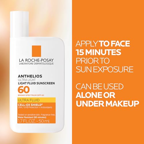 La Roche-Posay Anthelios Light Fluid Facial Sunscreen SPF 60, Lightweight Sunscreen For Face, Fluid Texture, Broad Spectrum SPF + Antioxidants, Oil Free & Oxybenzone Free, Travel Size 1.7 Fl. Oz