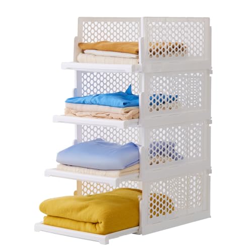 Pull-out Plastic Storage Basket,Stackable Closet Organizers Drawer Anti-Tipping, Reinforced Stable Shelf Container for Bathroom Laundry Room Storage, Space-Saving Clothes Storage (white, Large-4pcs)