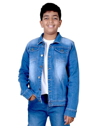Image of KiddoPanti Boys Denim Jacket | Cotton Poly Blend with Spandex | Washed Denim, Full Sleeve | Button Closure & Front Flap Pockets | Collared Neck