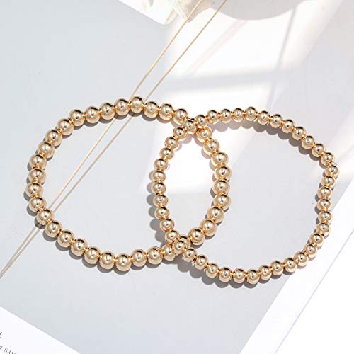 Gold Beaded Bracelet Set For Women Stack 14 K Real Gold Plated Ball Bracelets Elastic String Bracelet 4 Mm 5 Mm 6Mm Small Beads Friendship Bracelet For Men Teen Girls (Gold) #TOP6