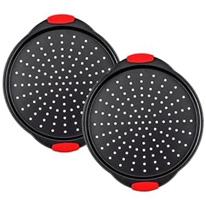 Pizza Pan for Oven (2 Pack) Round Pizza Pan with Holes – Non-Stick Carbon Steel Pizza Tray with Silicone Handles – for Cooking, Baking, and Grilling – Dishwasher Safe