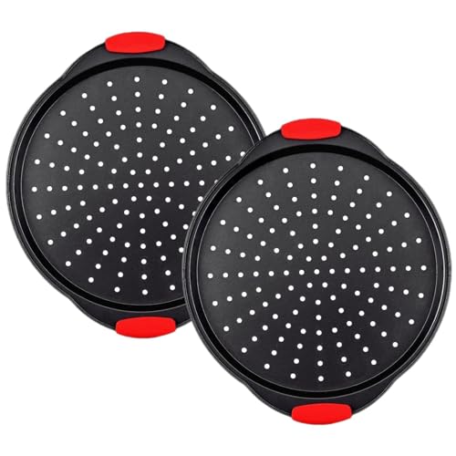 Pizza Pan for Oven (2 Pack) Round Pizza Pan with Holes – Non-Stick Carbon Steel Pizza Tray with Silicone Handles – for Cooking, Baking, and Grilling – Dishwasher Safe