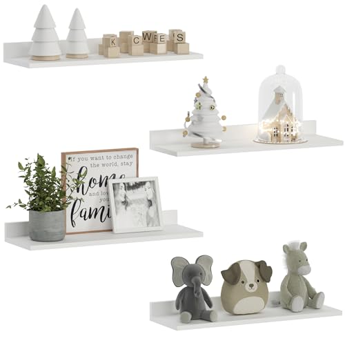 WOPITUES Floating Shelves, Wall Mounted Shelves for Room Decor, Modern Display Shelf for Bedroom, Sturdy Bathroom Storage Shelves, Book Shelves for Living Room, White Small Corner Shelves, Set of 4