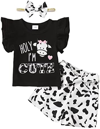 XUANHAO 12 Month 18 Months Girl Clothes Baby Outfits Summer Girl Clothing Short Sets Short Sleeve Ruffle Cow Letter Print Tops Cow Belt Pants Shorts Girls 12-18 Months