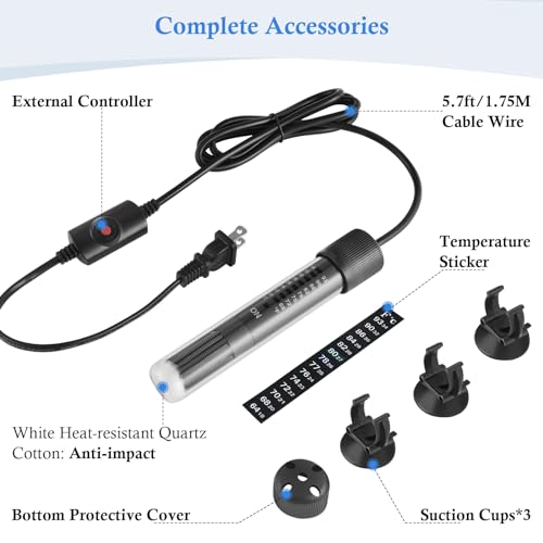 HITOP Thickened Glass Aquarium Heater: 50W 100W 300W Upgraded Fish Tank Heater with Controller, Fish Tank Thermostat Heater for Seawater/Fresh Water 5-65Gal - Thumbnail 5