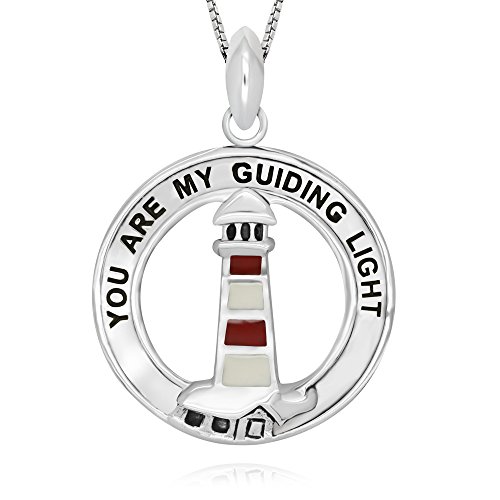 925 Sterling Silver Epoxy Lighthouse You are My Guiding Light Pendant Necklace 18 for Woman, Teen