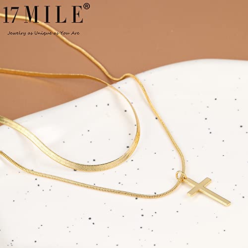 17 Mile Dainty Gold Cross Herringbone Necklace For Women | 14K Gold Plated Simple Cross Pendant Choker Necklace With Layered Snake Chain Necklaces Set #TOP6