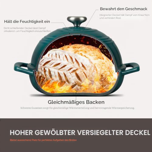 Overmont Gusseisen Topf Emaille Brotbacktopf - 5.7L Bräter Schmortopf mit Deckel und Kochbuch – für Küche Backen Schmoren Braten - Seeblau – Ansicht 4