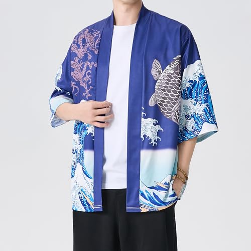 Image of PRIJOUHE Men's Lightweight Kimono Jacket Seven Sleeve Open Front Cardigan Coat Japanese Style Bathrobe