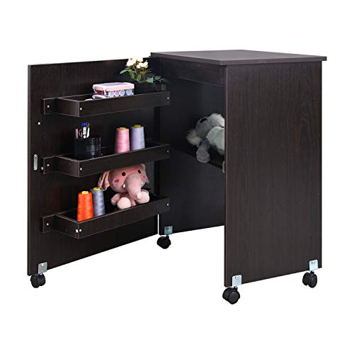 Usinso Folding Sewing Table Multifunctional Sewing Machine Cart Table Sewing Craft Cabinet Table With Storage Shelves Portable Rolling Sewing Desk Computer Desk With Lockable Casters(Brown) #TOP5